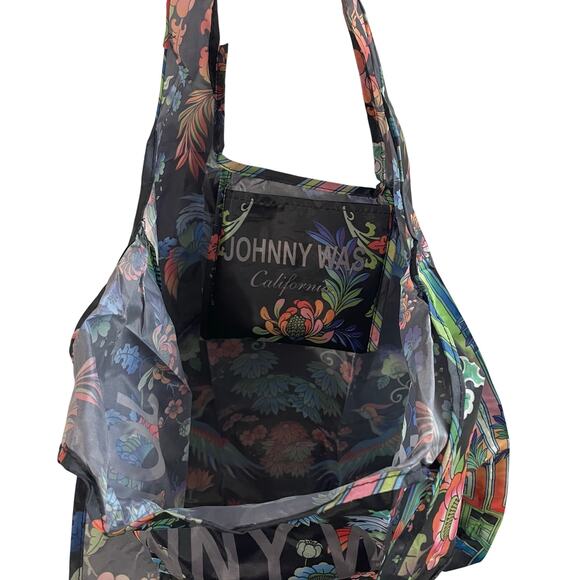 Johnny Was Packable Reuseable Shopping Tote Black Floral Women's Double Handles - Picture 7 of 8